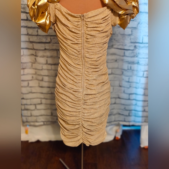 Stunning gold on gold Zum Zum vintage 80s ruched Body Con mini Dress poufy  SM - Picture 6 of 13